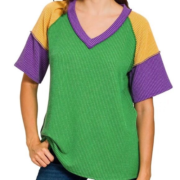 Zenana Outfitters Tops - Zenana Mardi Gras Raised Rib Color Block Top‎